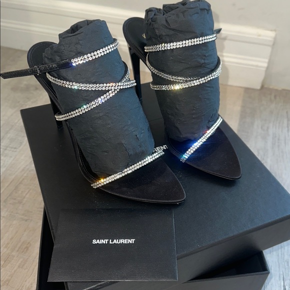 Saint Laurent Black Sandals with Rhinestone Embellishments - Picture 1 of 8